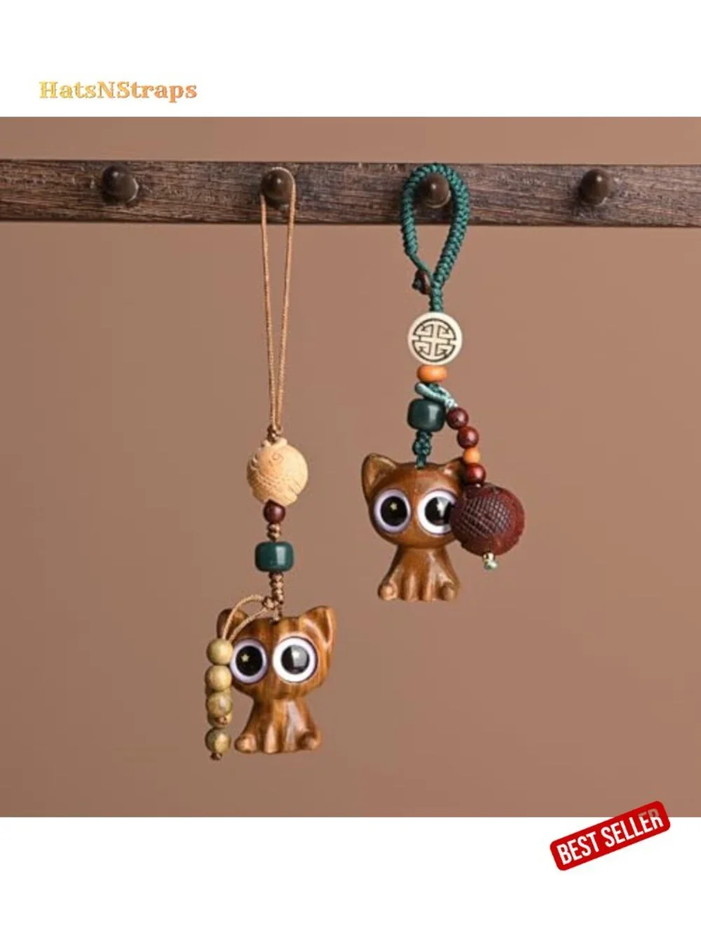 Hand-carved Wooden Lucky Cat Keychain - Feng Shui Good Luck Charm for Keys